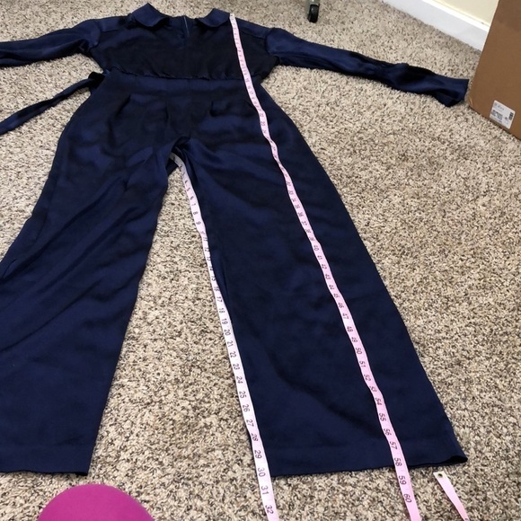 Three Floor Brigitte Jumpsuit Size US 6 Small Navy Blue Satin Ruffle Bell Sleeve - Picture 10 of 11